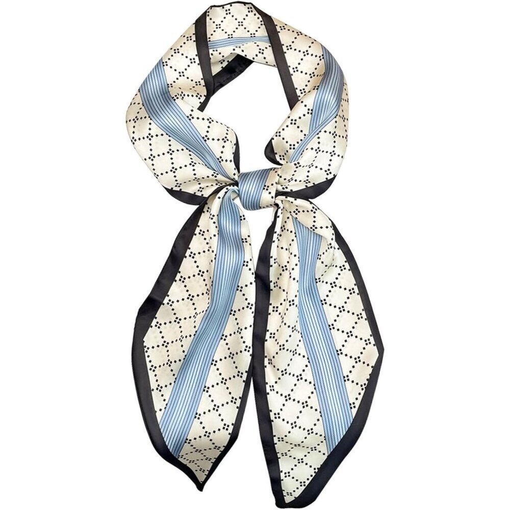 Women's Blue White Check Fashion Oblique Angle Silk Neck Scarf Printed Scarves